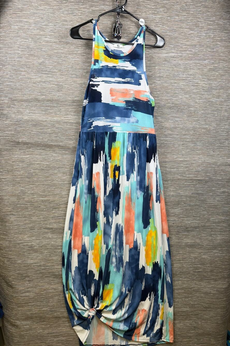 Egs Dress Womens L Blue Abstract Geometric Maxi Sundress Scoop Neck Sleeveless
